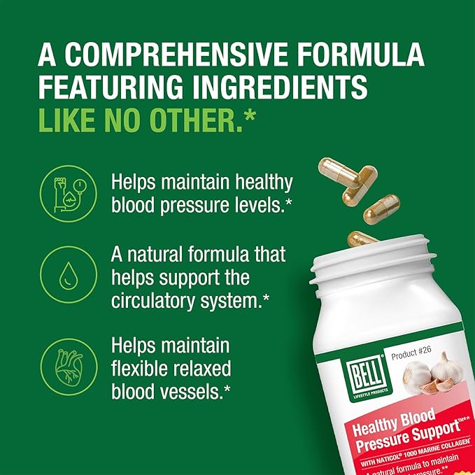 Bell Healthy Blood Pressure Support Unique Blend - Natural Blend of Green Coffee Bean Extract Garlic &amp Celery Seed Extract Supplements with Naticol 1000 Marine Collagen - 120 Capsules Vegan Non