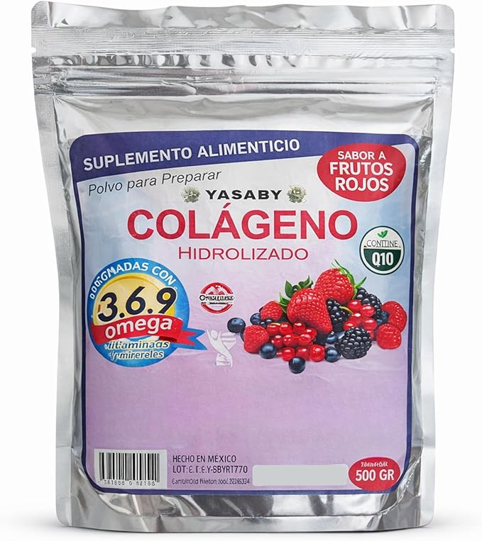 YASABY Hydrolyzed Collagen Powder Berry Flavor 500 g with Omega 3-6-9 Fiber Vitamins Minerals and Coenzyme Q10