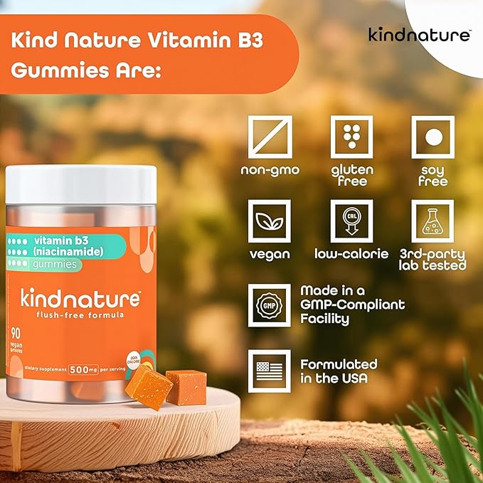 kindnature Vitamin B3 Niacinamide Gummies 500mg – Flush-Free Niacin Supplement – Supports Skin Energy &amp Nervous System Wellness – Vegan Non-GMO Gluten-Free Soy-Free – 90 Gummies