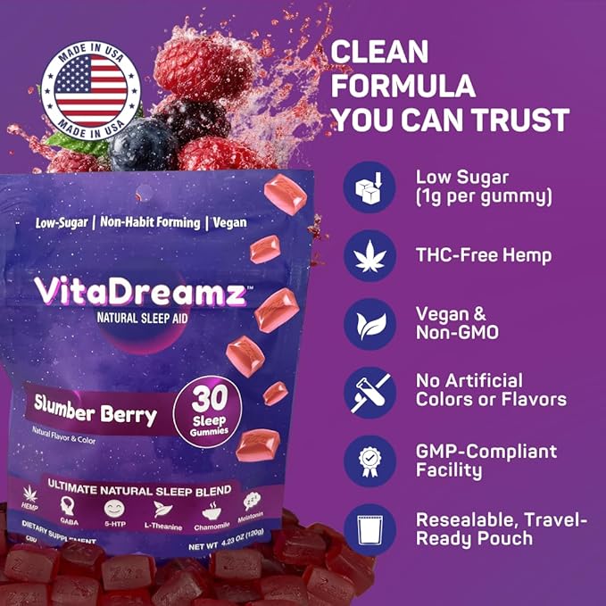 Premium Melatonin Sleep Gummies | Advanced Nighttime Blend with GABA L-Theanine &amp Chamomile | Slumber Berry Vegan Gummies for Calm Relaxation &amp Restful Sleep | 30 Count
