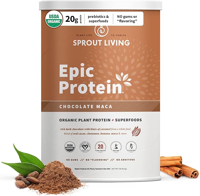 Sprout Living Epic Protein Plant Based Protein &amp Superfoods Powder Chocolate Maca Powder | 20 Grams Organic Protein Powder Vegan Non Dairy Non-GMO Gluten Free Low Sugar (2 Pound 24 Serving