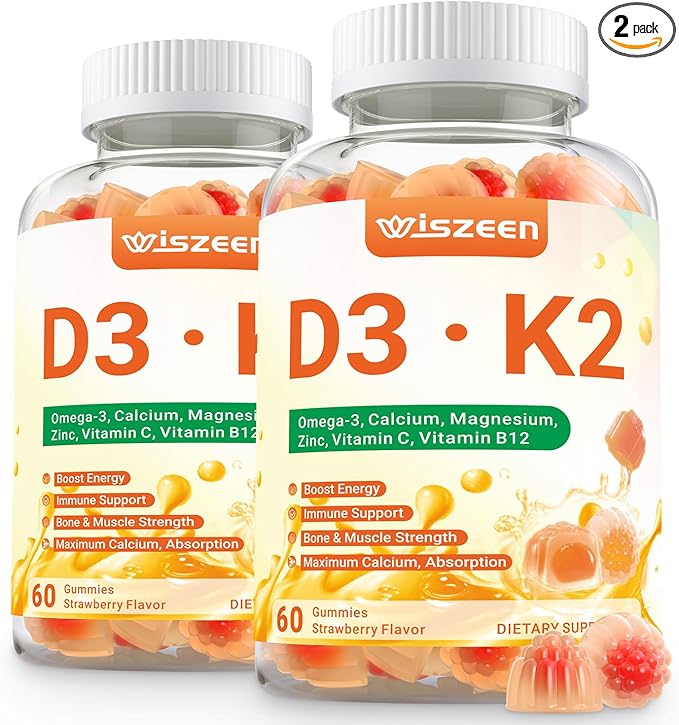Vitamin D3 K2 Gummies Vitamin D3 10000 IU &amp K2 (MK-7) 200 mcg - D3 K2 Supplement with Omega 3 Calcium Magnesium for Bone Muscle Teeth Immune