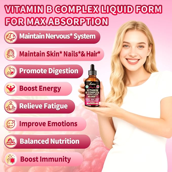 VivoNu Vitamin B Complex Liquid Drops Vitamin B12 B6 B1 B2 B3 B5 and Methylfolate Support Energy Raspberry Flavor Natural Ingredient Non GMO