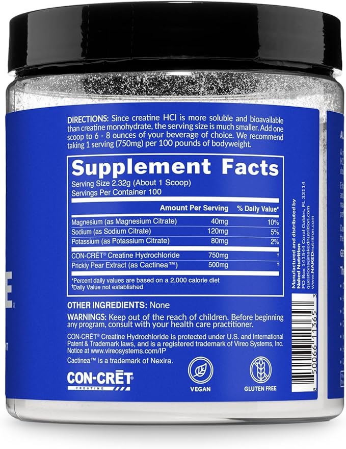 NAKED Lean Creatine HCl Powder 100 Servings - Con-Cret Creatine Hydrochloride with Organic Prickly Pear Extract Electrolytes - Muscle Growth Strength &amp Cognitive Support - Unflavored