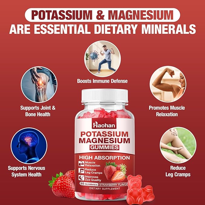 Potassium Magnesium Gummies with Electrolytes &amp Vitamins - Magnesium Glycinate Potassium Citrate Calcium Vitamins B6 D3 &amp K2 for Muscle Function &amp Recovery - Vegan Strawberry 120 Cou