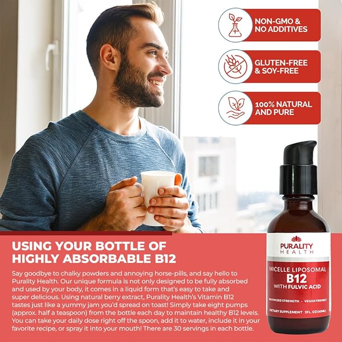 PURALITY HEALTH Micelle Liposomal Liquid Vitamin B12 with Fulvic Acid 2500 mcg. Combined Methylcobalamin with Organic Glycerin Extract Maximum Absorption Energy Boost Vegan Friendly