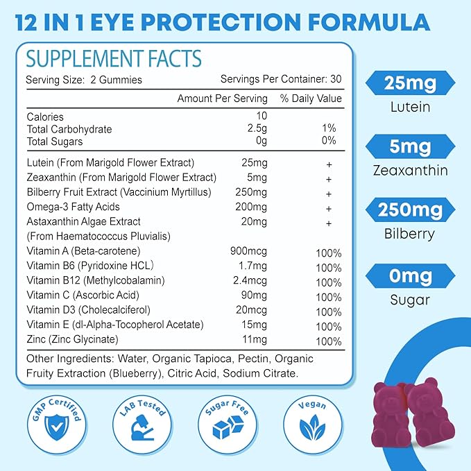 2 Pack Lutein Gummies 12 in 1 Lutein and Zeaxanthin Supplements Eye Vitamins Gummies for Adults Eye Health Supplement with Multiple Vitamin for Promoting Eye &amp Vision - 120 Gummies