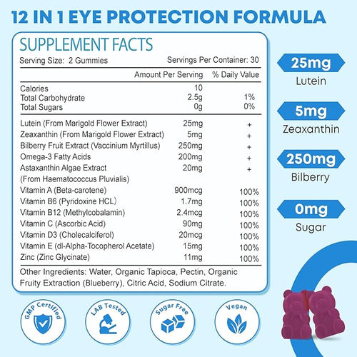 2 Pack Lutein Gummies 12 in 1 Lutein and Zeaxanthin Supplements Eye Vitamins Gummies for Adults Eye Health Supplement with Multiple Vitamin for Promoting Eye &amp Vision - 120 Gummies