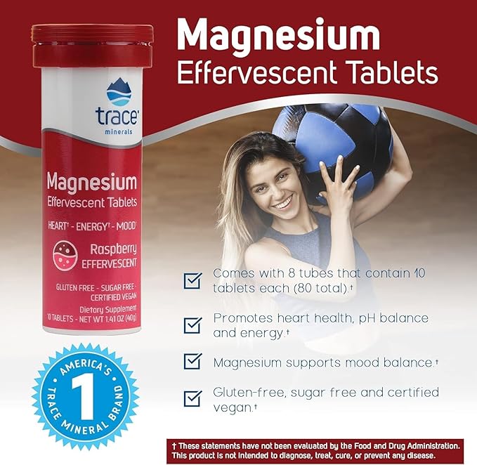 Trace Minerals Magnesium Effervescent - Healthy Heart &amp Energy Support Supplement - Natural Magnesium Supplement to Aid Healthy Sleep - Gluten-Free Health Supplement - Raspberry 8 Tubes (80 Servi