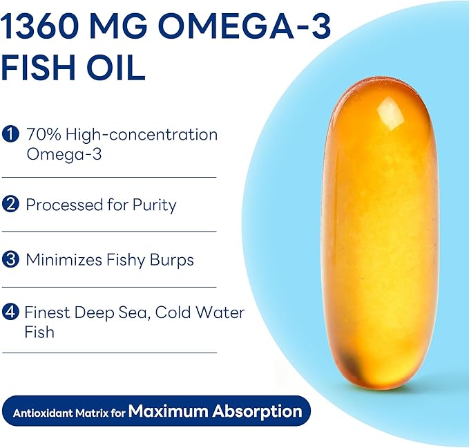 Vitamin World Triple Strength Omega 3 Fish Oil 1360 mg Supplement 950 mg Active Omega-3 Fatty Acids with EPA &amp DHA Supports Heart Brain &amp Joint Health Gluten Free 180 Softgels 6 Months S
