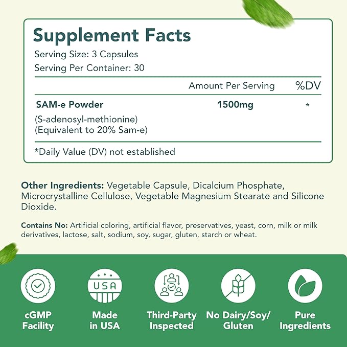 1500mg SAM-e Supplement - High Strength S-Adenosyl-L-Methionine Capsules 1500mg per Serving for Joint Brain Liver and Mood Support - Non-GMO High Absorption Same Supplement (90 Count)