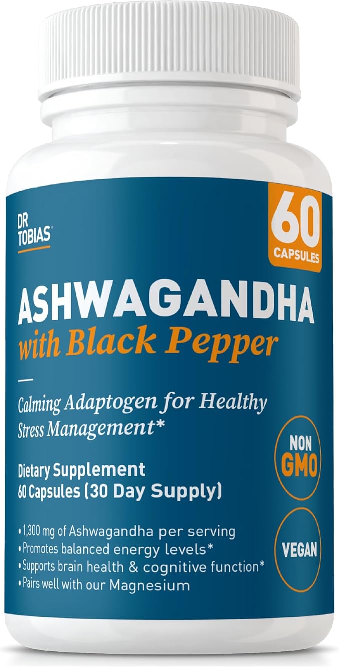 Dr. Tobias Ashwagandha Capsules - 1300mg Organic Ashwagandha Root Extract Per Serving with Black Pepper | Calming Adaptogen Energy &amp Focus Supplement (60 Vegetarian Capsules)