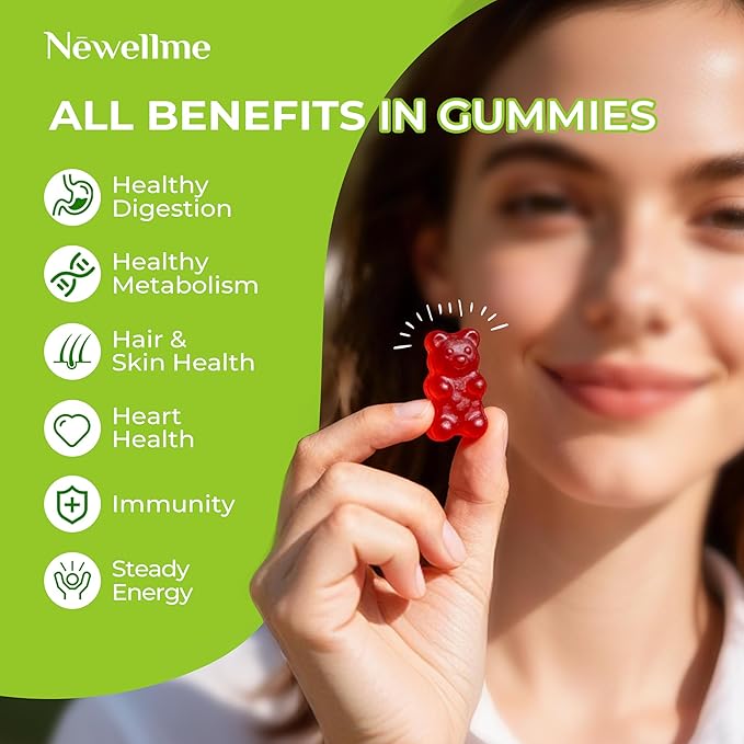 NEWELLME ACV Gummies with the Mother &amp B12 – Sugar-Free Great-Tasting Vegan Gummies for Digestion Metabolism &amp Daily Energy Support 120 Count