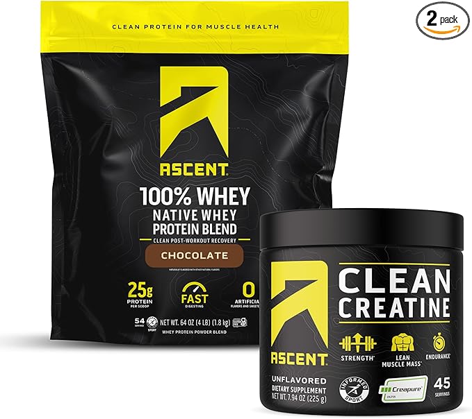 Ascent 100% Whey Protein Powder Chocolate 4 lb &amp Creatine Monohydrate Powder Unflavored 45 Servings