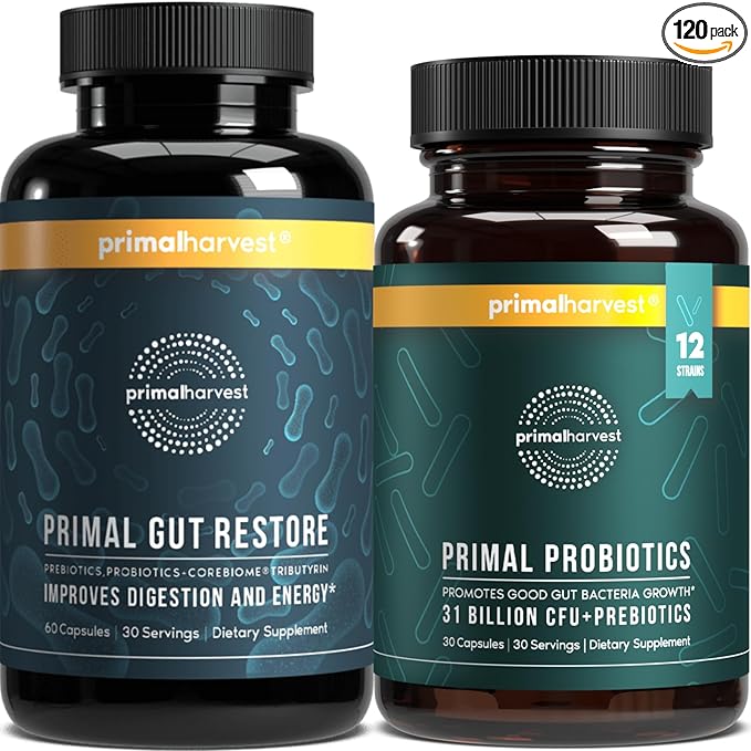 Primal Harvest Probiotics &amp Gut Health Supplements for Women and Men Pre and Probiotics with 31 Billion CFU and Gut Restore Digestion Pills Bundle