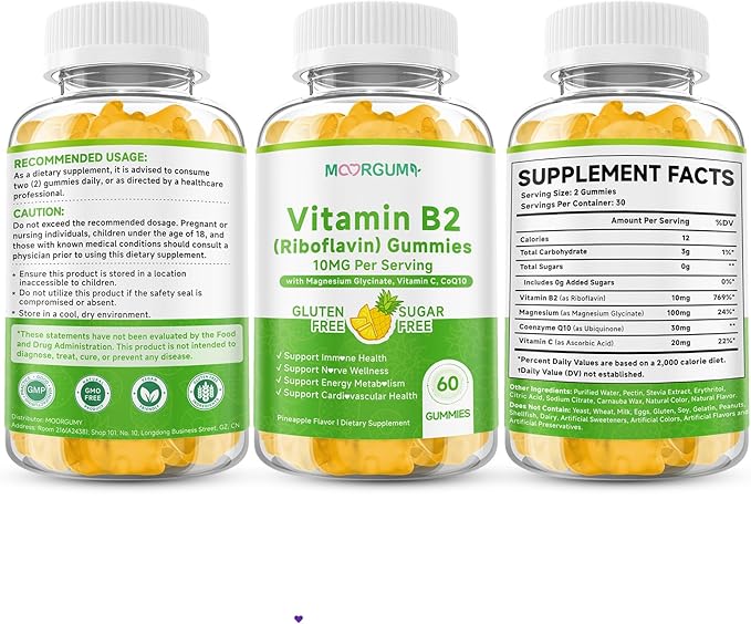 Vitamin B2 Gummies Riboflavin Supplement for Kids &amp Adults with Magnesium Glycinate CoQ10 and Vitamina C for Women and Men Energy Immune Wellness &amp Cellular Health Support 120 Count