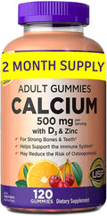 KS Calcium 500 mg with Vitamin D3 1000 IU &amp Zinc – 120 Gummies (2-Month Supply) – Bone Teeth &amp Immune Support for Adults – Natural Orange &amp Cherry Flavors – USP Verified