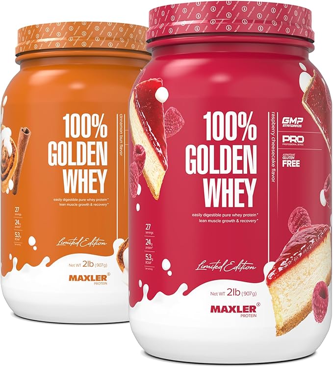 Maxler 100% Golden Whey Cinnamon Bun and Raspberry Cheesecake Bundle