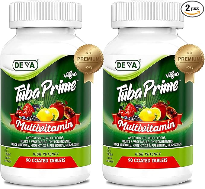 DEVA Tuba Prime Vegan Multivitamin High-Potency Vitamin and Mineral Dietary Supplement Antioxidants Fruit and Vegetable Blend Super Mushrooms Probiotics Prebiotics Seeds Herbs - 90 Tabs 2-Pack