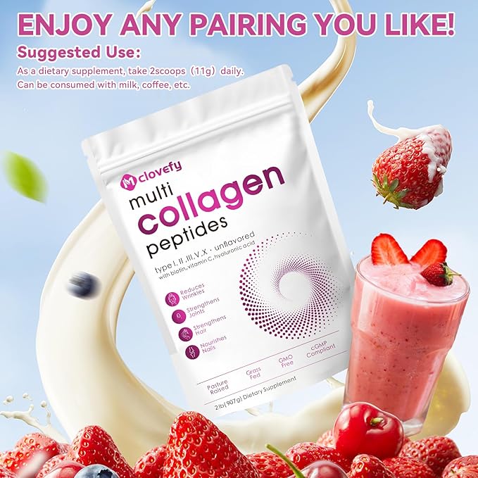 Multi Collagen Protein Powder 2lbs-Unflavored with Hyaluronic Acid &amp Vitamin C Skin Hair &amp Joint Support 32 Oz