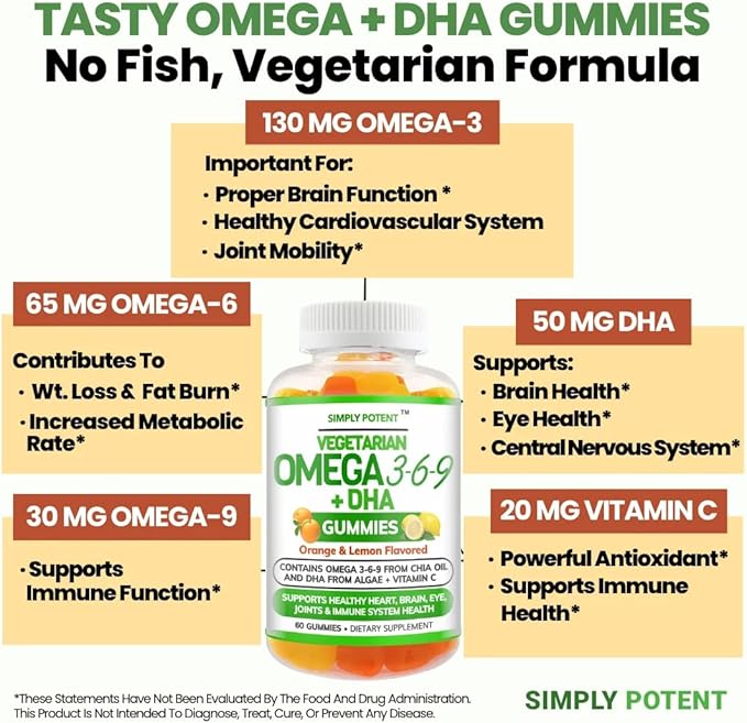 Simply Potent Omega 3 Fish Oil Gummies Plant Based Alternative to Cod Liver Oil Burpless Vegetarian DHA Chews for Adults and Kids Orange Lemon Flavor Supplement