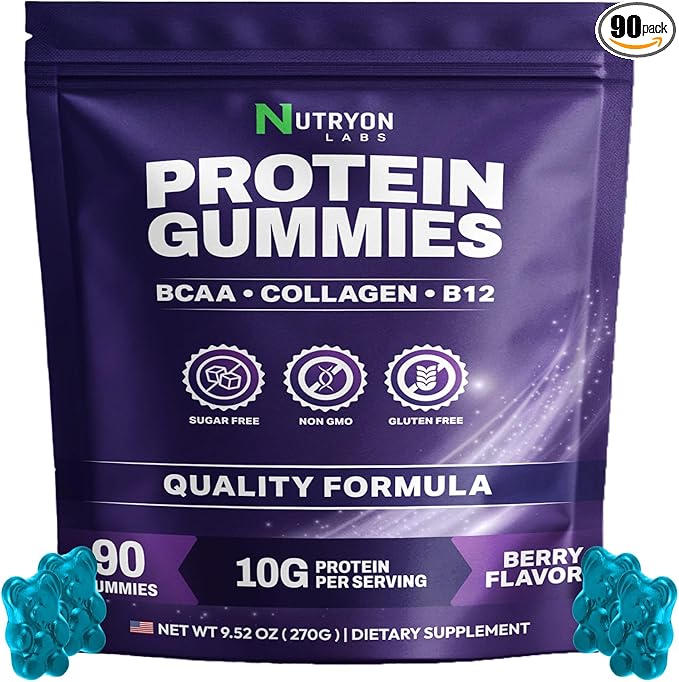 Whey Protein Gummies Zero Carb 4 in1 with Collagen &amp Vitamin B12 for Men and Women 0 Sugar |10g Pure Protein per Serving | Plant Based | Gluten Free Non-GMO Mixed Berry Flavor | 90 Count