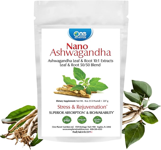 One Planet Nutrition Nano Ashwagandha Leaf &amp Root Powder 8 oz (227 Servings) - Nano-Particle Size Ashwagandha 10:1 Extract - Supports Mental Clarity &amp Mood - Non-GMO Vegan Gluten-Free