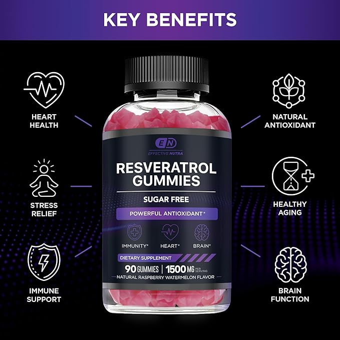 EFFECTIVE NUTRA Resveratrol Gummies 1500mg | Sugar-Free Supplement for Antioxidant Support Immunity Heart Health and Brain Function | 45-Day Supply Natural Berry Flavor Made in USA (90 Count)