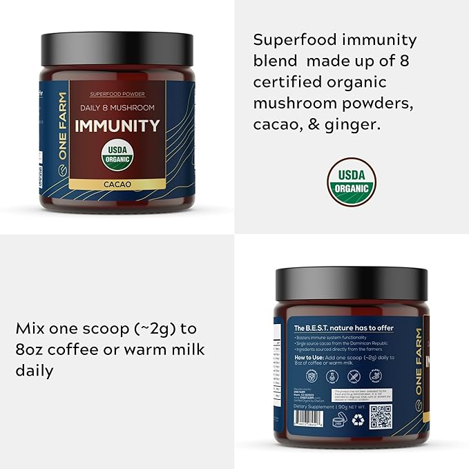 Organic 8 Mushroom Immunity Powder Non-GMO - Turkey Tail Chaga Cordyceps Shiitake Reishi Maitake Lion's Mane and Mesima - Vegan Mushroom Supplement in a Resealable Glass Jar