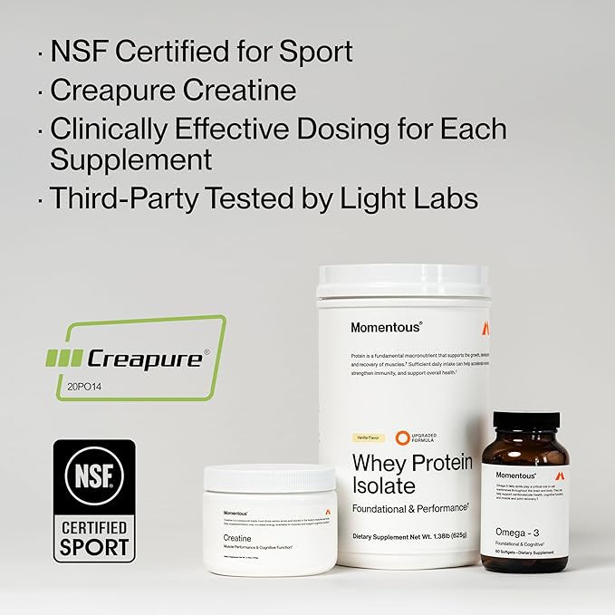 Momentous Three - Creatine Monohydrate Powder (90 Servings) Grass-Fed Whey Protein Powder (Chocolate) &amp Omega-3 Fish Oil 1600mg - Daily Essentials for Strength Performance &amp Lean Muscle Reco