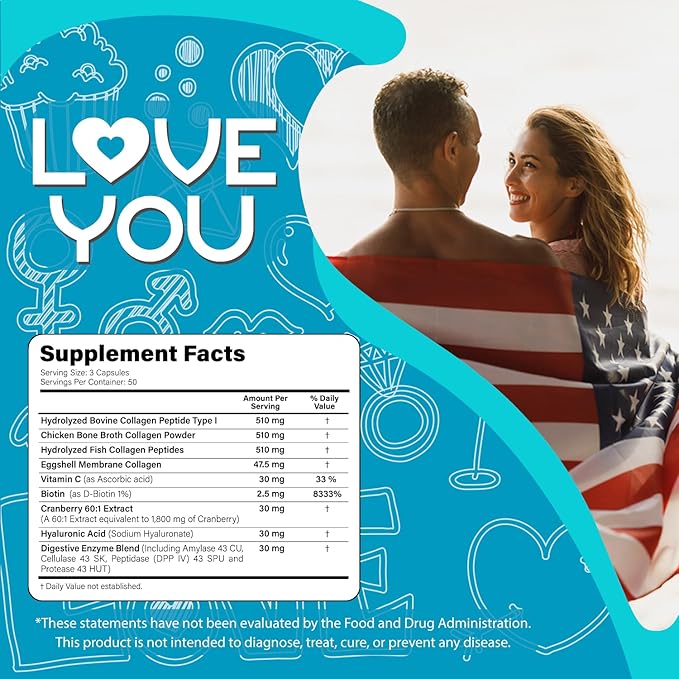 Love You Collagen Complex – Types I II III V &amp X – Hair Skin Nails Joints &amp Gut Support – Hydrolyzed Bovine Collagen Peptides – Grass-Fed Non-GMO 120 Capsules USA Made