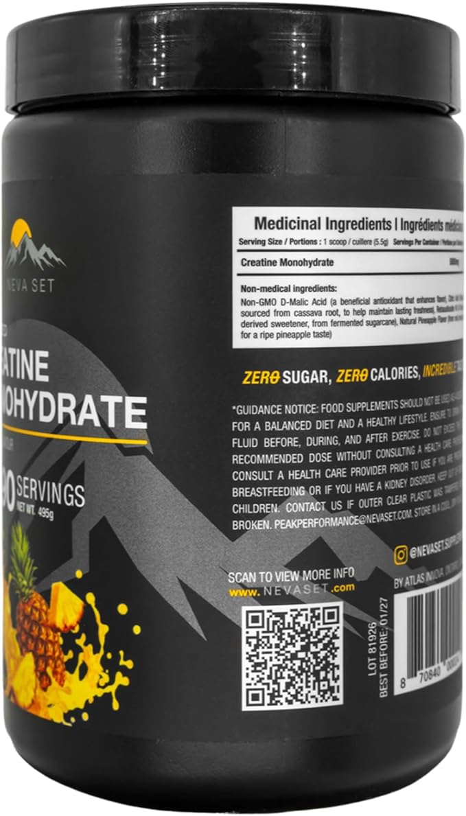 Micronized Creatine Monohydrate by NevaSet 3-Month of 5000mg Creatine Supplement for Muscle Growth Increased Strength Enhanced Energy Improved Performance Cognitive Health. Pineapple 495g