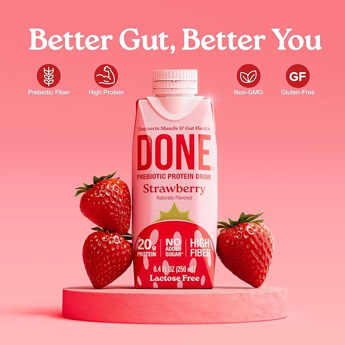 Done Prebiotic Protein Drink Strawberry 20G Whey Protein High Fiber Protein Shake With Prebiotics Gluten Free Lactose Free No Added Sugar Natural Flavor Non GMO 8.4 FL Oz Each 15 Pack