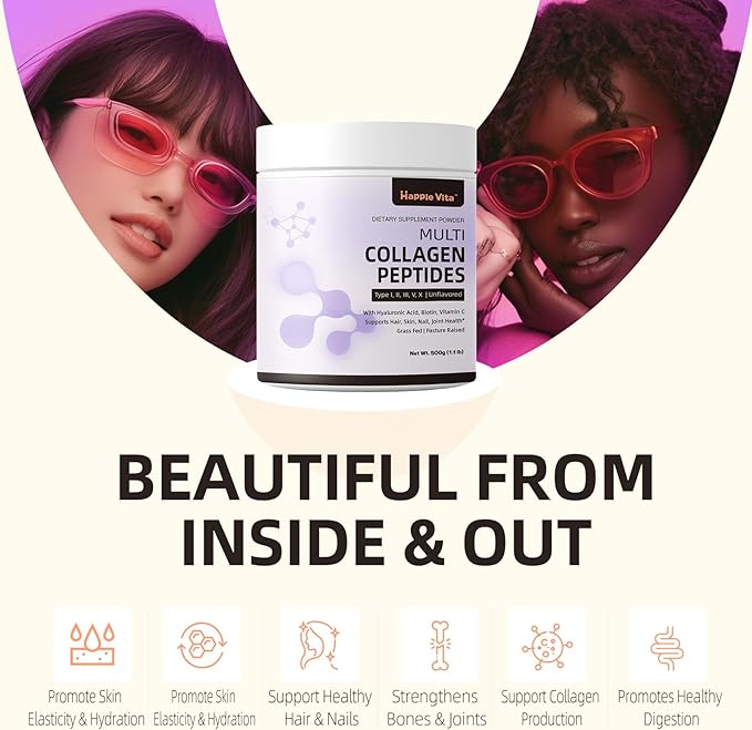 Multi Collagen Peptides Powder 5 Types (I II III V X) Collagen Protein Powder with Biotin Hyaluronic Acid Vitamin C Grass-Fed &amp Pasture-Raised Keto Paleo Unflavored 1.1 lbs