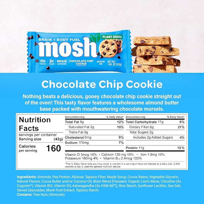 MOSH Chocolate Chip Cookie Vegan Protein Bars Plant Based Keto Gluten Free Brain Healthy Snack with Cognizin Ashwagandha and Lion's Mane 12 Count