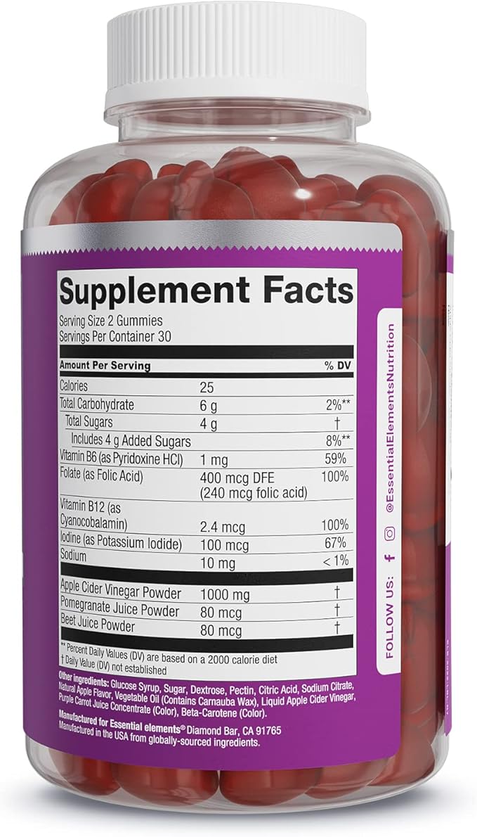 Essential Elements Apple Cider Vinegar Gummies from The Mother - Naturally-Sourced Vegan ACV with Folic Acid and Vitamin B6 &amp B12 (2 Pack)