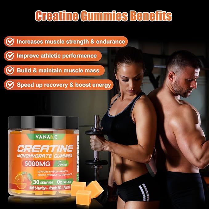 Creatine Monohydrate Gummies 5000mg 120 Count Sugar Free Pre Workout Supplement - Creatine with L-Taurine Vitamin B6 &amp B12 for Muscle Growth Strength &amp Energy - Chewable Gummy for Men &amp