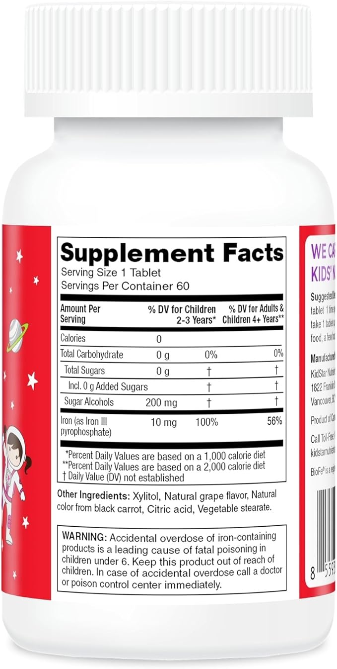 KidStar Nutrients BioFe Pure Iron Chewables Natural Grape Flavour 10 Mg Iron Per Tablet No Sugar 60 Chewable Tablets