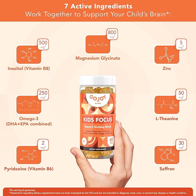 Kids Focus Gummies – Saffron Magnesium Glycinate L-Theanine &amp Inositol Supplement for Kids &amp Teens – Focus Attention &amp Calm – Vegan Sugar-Free Non-GMO
