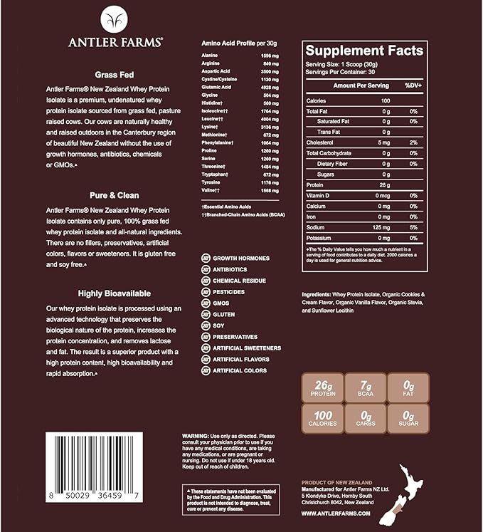 Antler Farms - 100% Grass Fed New Zealand Whey Protein Isolate Cookies &amp Cream Flavor 2 lbs - Pure and Clean 5 Ingredients Cold Processed