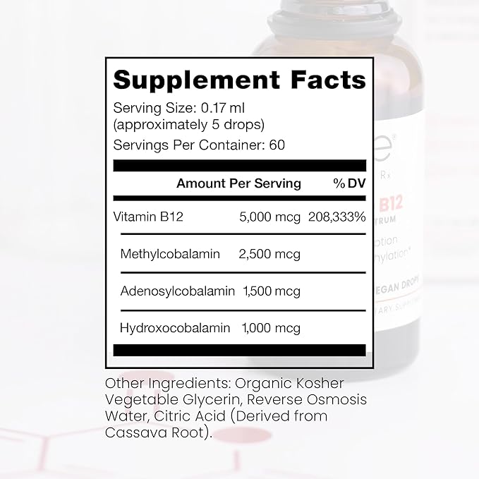 Pure TheraPro BioActive Vegan Methylated Vitamin B12 Sublingual Liquid Methylcobalamin Hydroxocobalamin &amp Adenosylcobalamin 1000 mcg per Drop (5 Drops = 5000mcg / 2 Month Supply) 10 ml