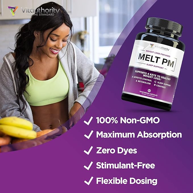 Vitauthority MELT PM Nighttime &amp Weight Loss Pills: Naturally Support More Restful Sleep with Ashwagandha &amp L-Theanine - 30 Servings