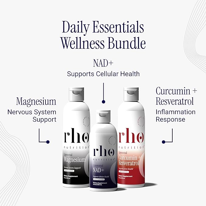 Rho Daily Essentials Wellness Bundle - Start Your Day Recover in the Afternoon and Decompress at Night with High Absorption Liposomal Supplements – NAD+ Curcumin + Resveratrol &amp Magnesium (3 P