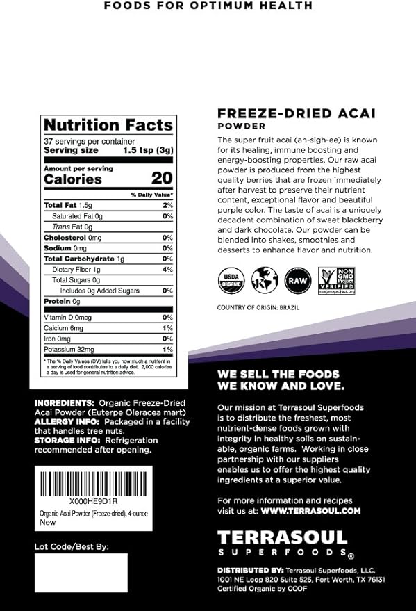 Terrasoul Superfoods Organic Acai Berry Powder 4 Oz (Pack of 2) Freeze-Dried for Freshness Omega Fats Boost for Smoothie Bowls and Antioxidant-Packed Superfoods Recipes