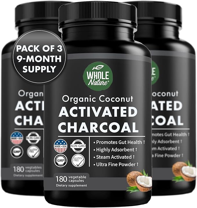 Coconut Activated Charcoal Capsules 180 Charcoal Capsules Teeth Whitening Helps Constipation Bloating Stomach Gas Heartburn Pure Coconut Derived Supplement (3)