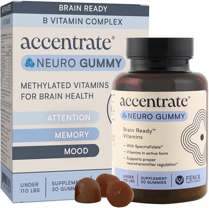 Accentrate Neuro Gummy for Kids | Supports Attention &amp Mood | Folinic Acid &amp Methylfolate | Complete Vitamin B Complex with SpectraFolate™ | MTHFR Supplement | No Artificial Ingredients | 30 G