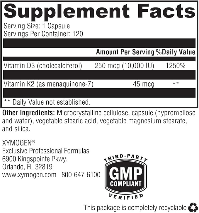 XYMOGEN K2-D3 10000 - Vitamin D3 K2 - Bioavailable Vitamin D 10000 IU (Cholecalciferol) with MK-7 - Heart Arterial Bone Health + Immune Support Supplement (120 Capsules)