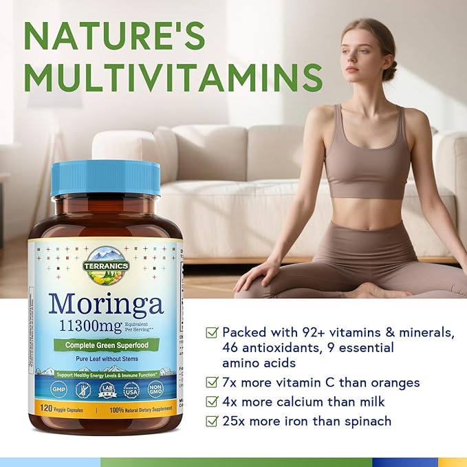 Terranics Magnesium Complex &amp Moringa Capsules Bundle - 500mg 5 Forms Magnesium Glycinate Citrate Malate Aspartate Gluconate + 11300mg Pure Moringa Leaf Powder 120 Capsules Each