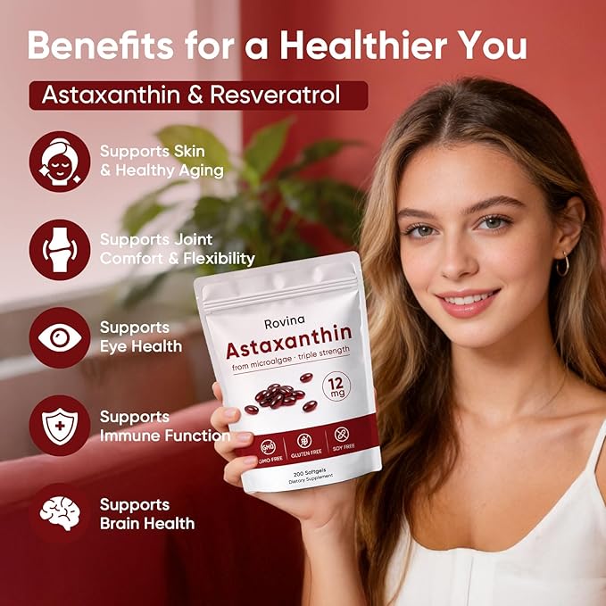 Rovina Astaxanthin Astaxanthin 12mg Antioxidant Supplement for Daily Wellness Immune Eye &amp Skin Support Non-GMO Gluten Free - 200 Softgels (1)