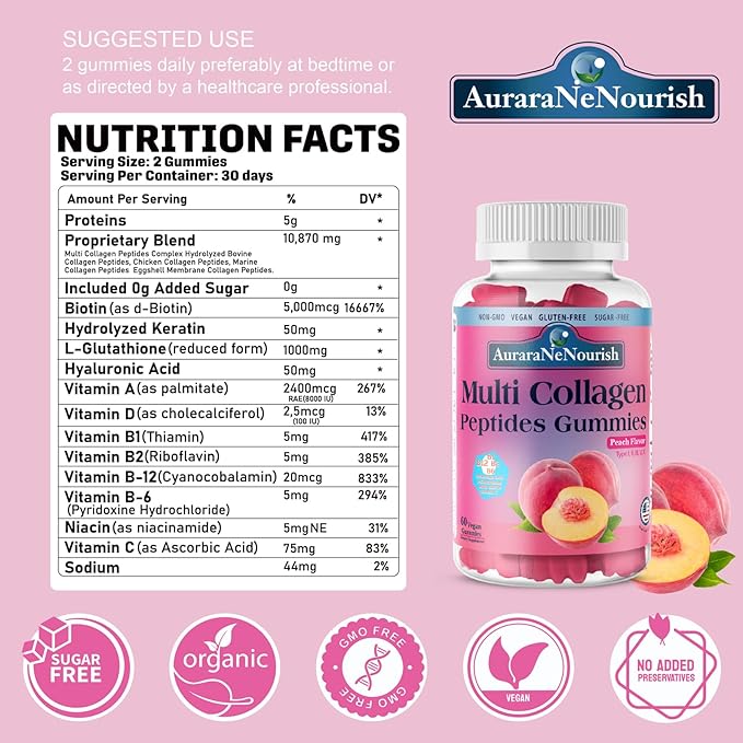 2 Pack Multi Collagen Peptides Peach Gummies &amp Nicotinamide Riboside Gummies Sugar-Free for Women Men